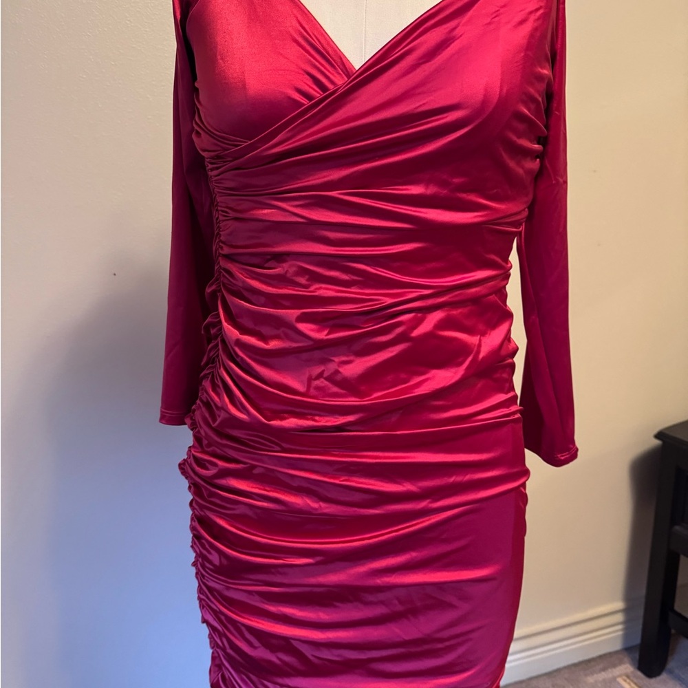Express Ruched Off-Shoulder Long Sleeve Red Dress